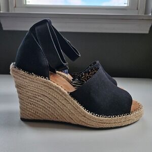 TOMS Marisol Wedge Sandal Womens 9M Black Oxford/Leather Ortholite Beach Heels